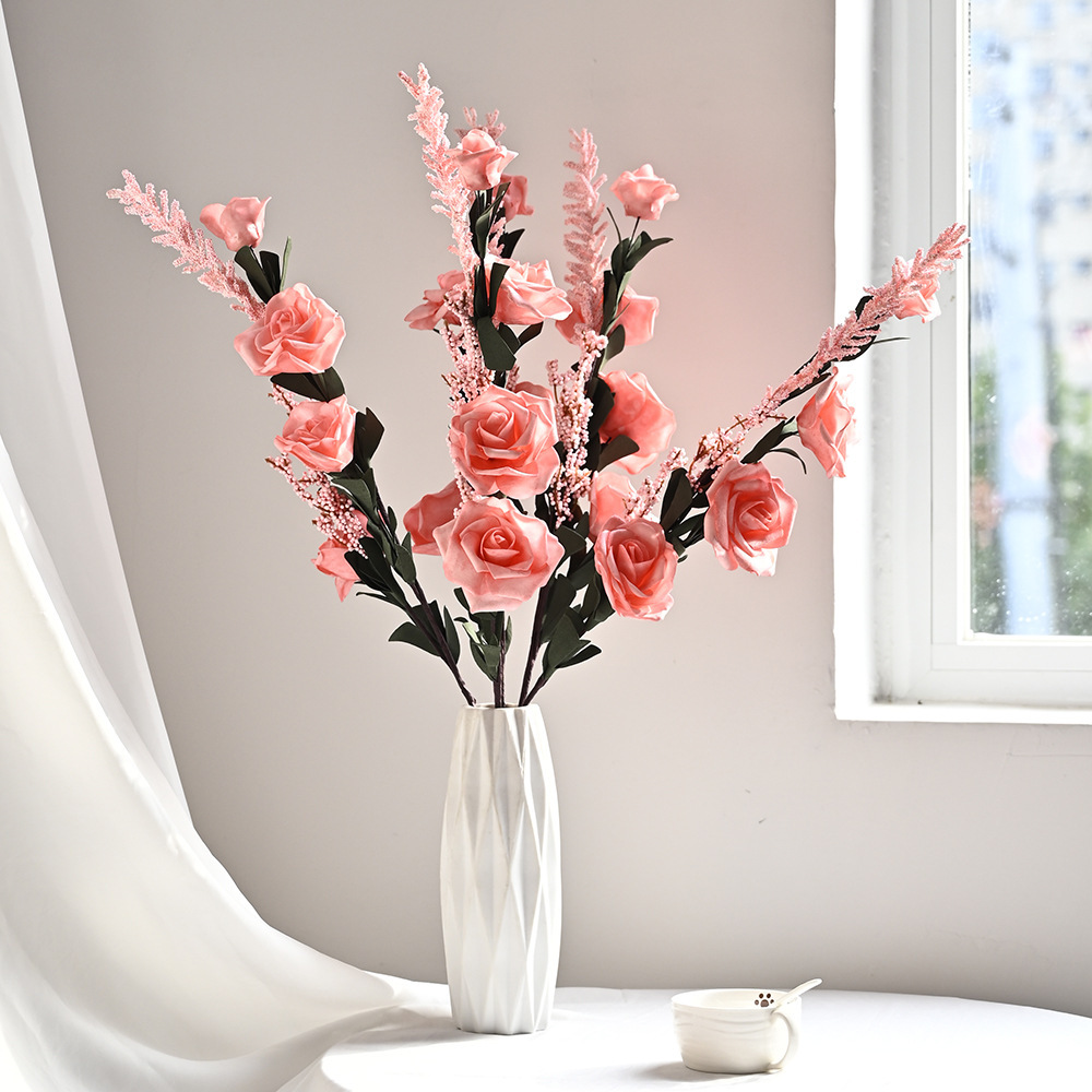 2023款 PU材質4頭玫瑰花束假花婚慶花客廳家居裝扮擺件插花