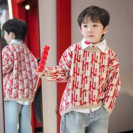 男童2024新款儿童毛衣中小童圆领洋气针织线衣红色外套
