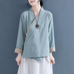 Ladies' Artistic Slanted Collar Bodice with Buttoned Closures, 2023 Autumn New Traditional Chinese Style Hanfu Cotton Linen Top, Retro Zen Tea Dress