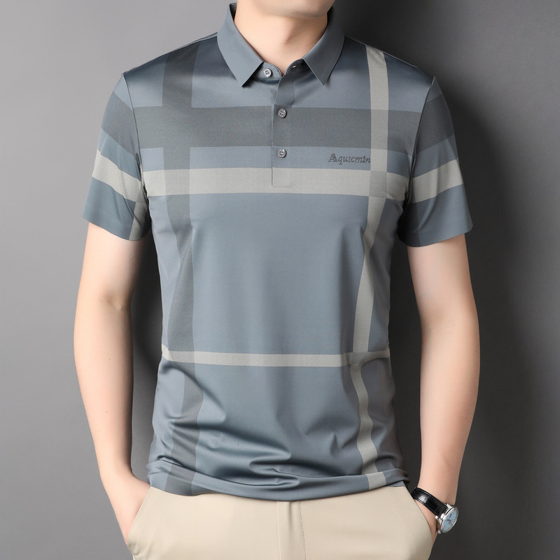 Summer short-sleeved T-shirt men's plaid thin youth lapel Ice Silk dad wear casual bottoming fashion