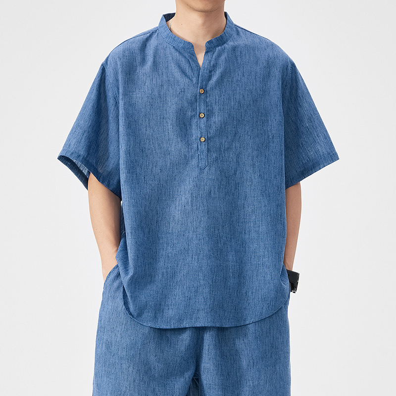 Plus-size imitation short-sleeved T-shirt for men, summer style, casual pullover with Henley collar, cross-border foreign trade, dropshipping available.