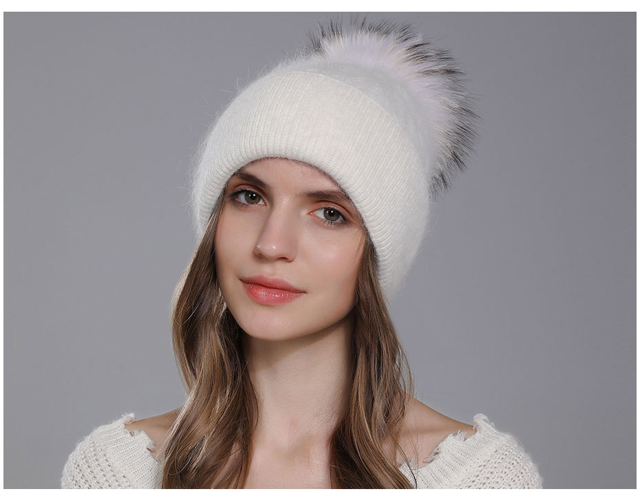 Nuevo Gorro de lana con pelo de conejo Angora tejido para mujer, giros de masa frita para invierno, gorro de lana con brida de doble capa, Bola de pelo de perro mapache,_voghion.com