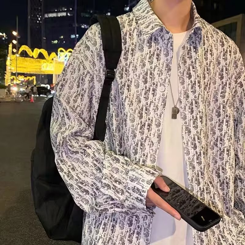 Japanese Style Long-Sleeved Shirt Men's Summer Korean Style High-End Geometric Print Casual Shirt Trendy Brand Loose Couple Jacket