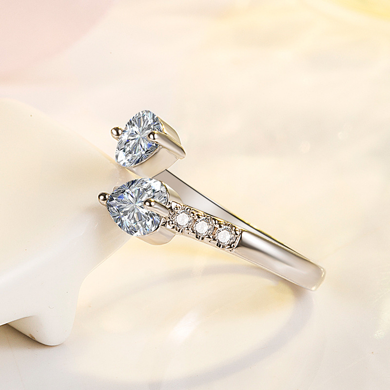 Double Heart Zircon Open Ring For Women Sterling Silver Style_voghion.com