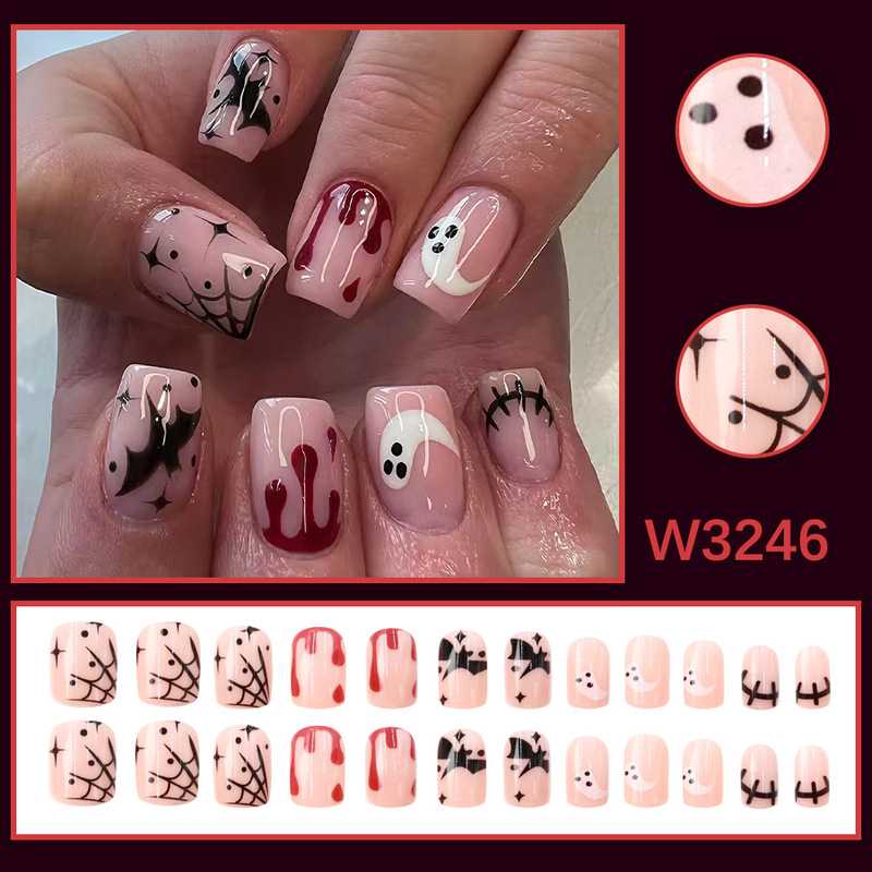 Sweet and Cool Blood Drop Ghost Bat Press-On Nails Nude Pink Short Square Halloween Spider Web Holiday Manicure Available for Wholesale Sweet and Cool Blood Drop Ghost Bat Press-On Nails Nude Pink Short Square Halloween Spider Web Holiday Manicure Available for Wholesale