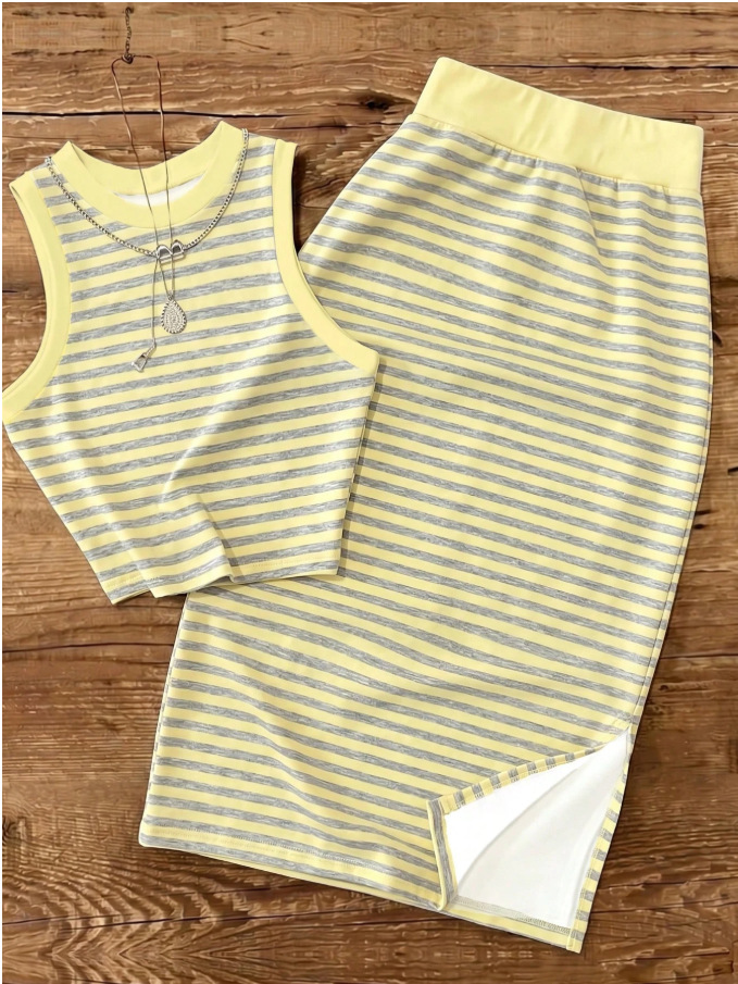 Blusa corta sin mangas de punto roscado para mujeres transfronterizas con traje de falda corta casual y elegante juego de dos piezas