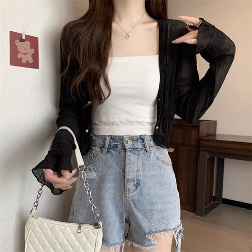 Ice silk knitted open sun protection shirt jacket for women spring super fairy outfit with suspender skirt shawl blouse top thin