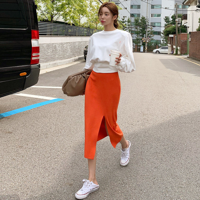 Spot Korean Dongdaemun Women's Spring New Style Slim Slit Sweet Casual Knitted Skirt Half Skirt