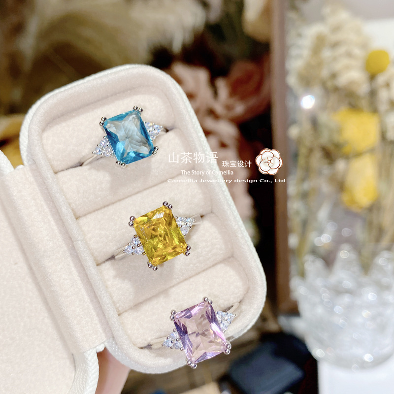 Camellia jewelry imitation high carbon color treasure bracelet ring girl pink rectangular 10*14 all-match crystal ring