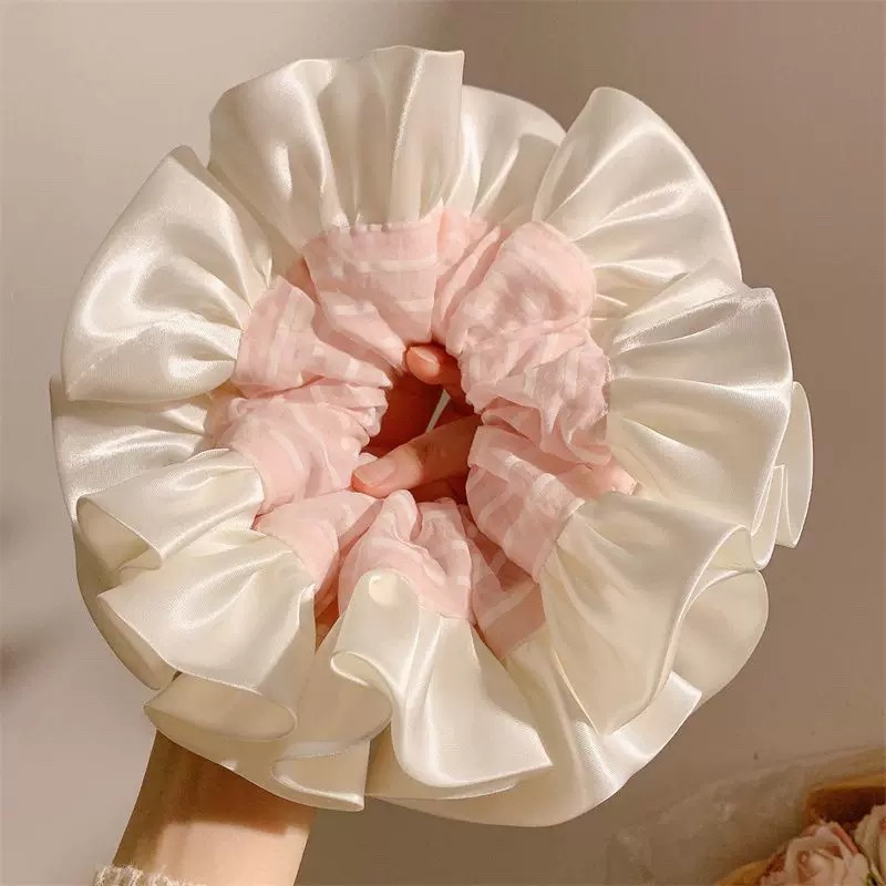 92# pink and white striped spliced ​​satin wavy hair tie about 20cm
