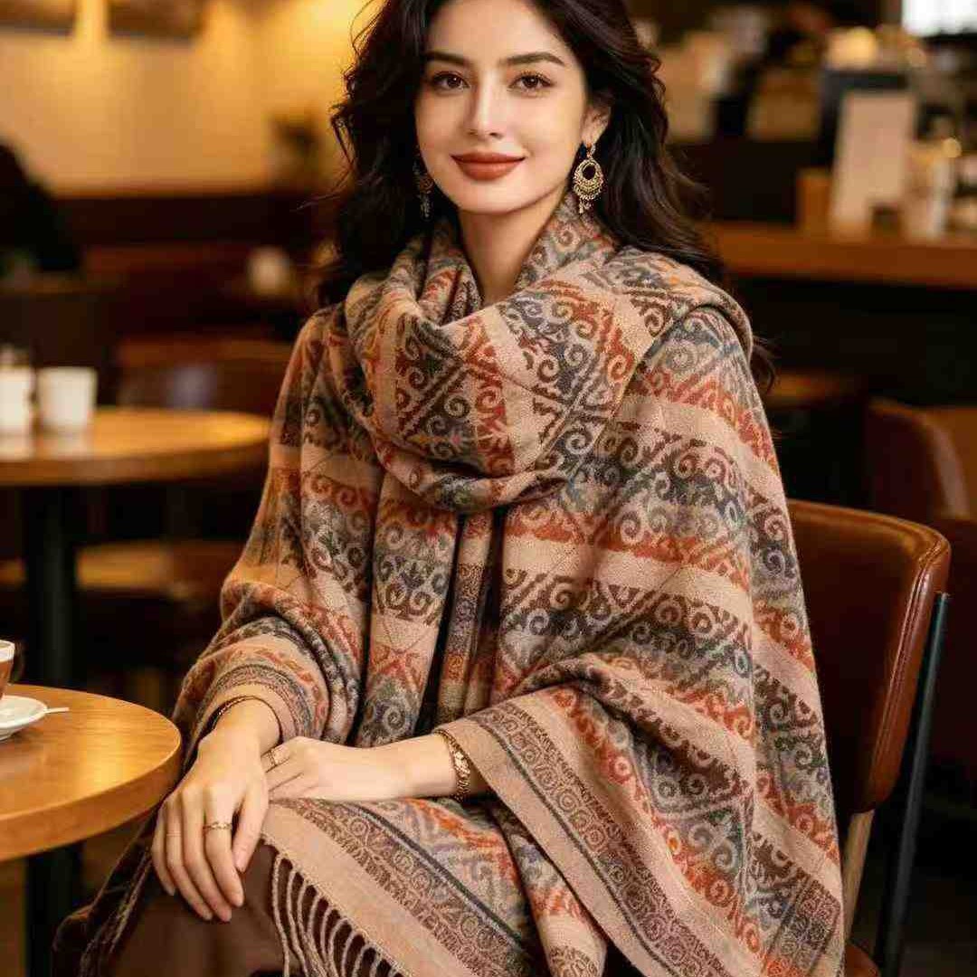 Xinjiang Adelais long faux cashmere shawl for women, suitable for spring and autumn, versatile double-sided jacquard air conditioning shawl with tassels