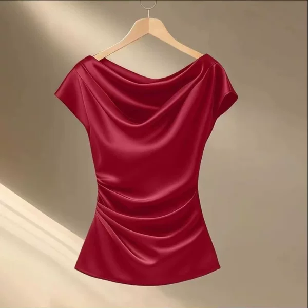 Cross-Border Short-Sleeve Faux Acetate T-Shirt for Women, New Summer Style Versatile Satin High-End Round-Neck Top Wholesale
