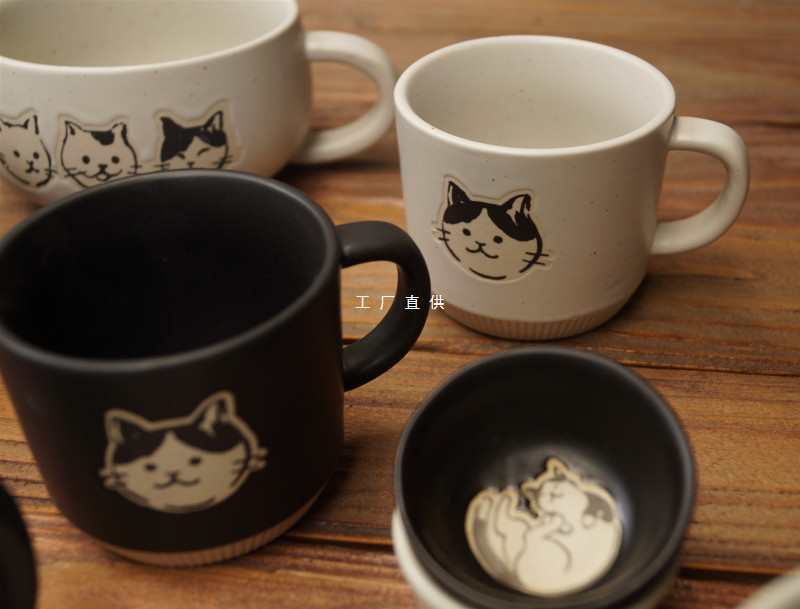 Wholesale 2 wholesale rustic stoneware cat graffiti mug underglaze sauce bowl soup cup tea cup small dish