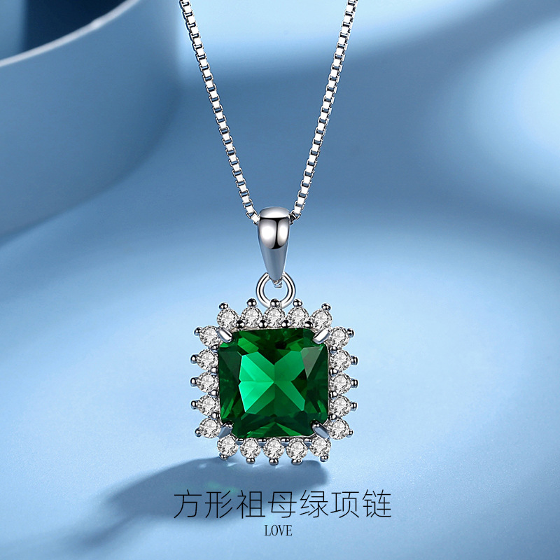 S925 plata esterlina Esmeralda cuadrado colgante vintage diamante incrustado europeo y americano colgante único de moda de las mujeres de la joyería de lujo al por mayor