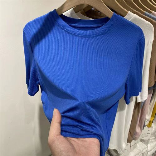 【Multi-color Optional】High-end solid color mask T-shirt for women short-sleeved summer new slim-fitting slim base shirt top
