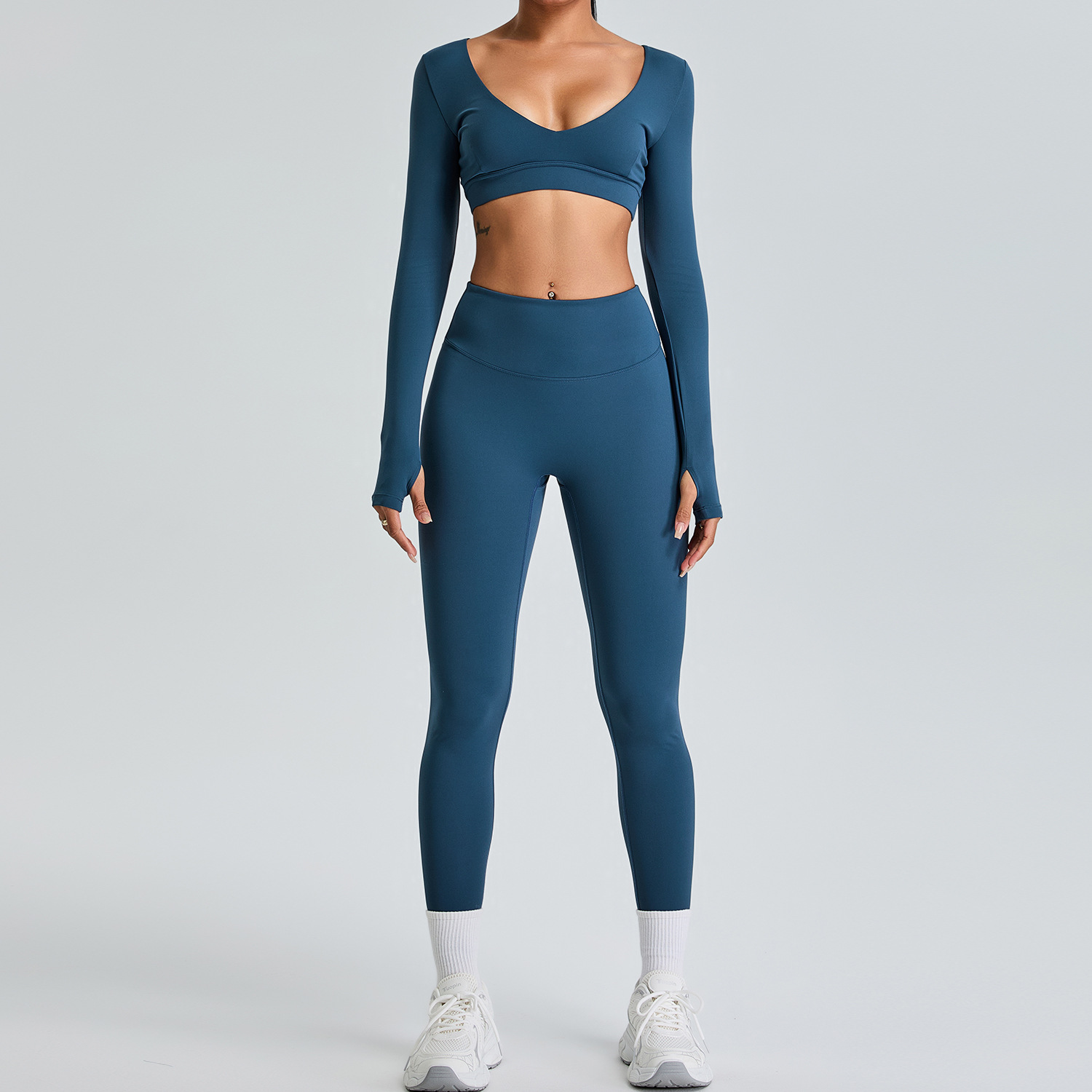 Traje de ropa de yoga de manga larga con cuello en V sexy de nuevo estilo transfronterizo, ropa deportiva de alta gama para mujeres, ropa deportiva de levantamiento de cadera de melocotón