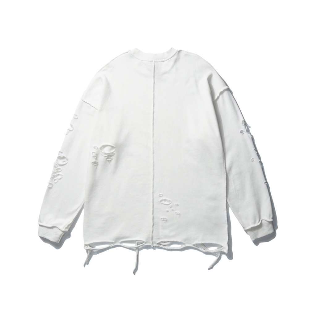 Vibe Style Solid Color Simple Distressed Sweatshirt Long Sleeve Men's Ins American Trendy Brand Loose Round Neck_voghion.com