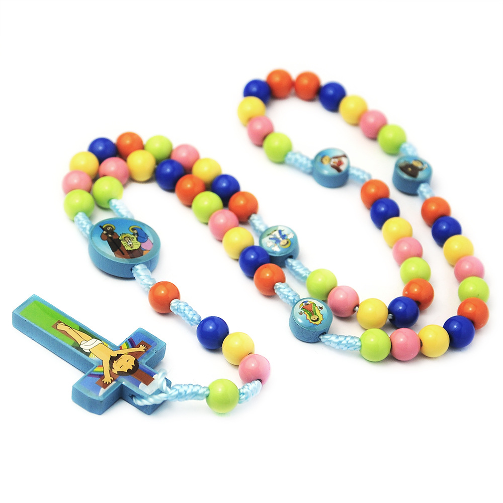 Colorful Round Beads Cartoon Children's Cross Rosary Necklace Jewelry Jesus Christ Religious
