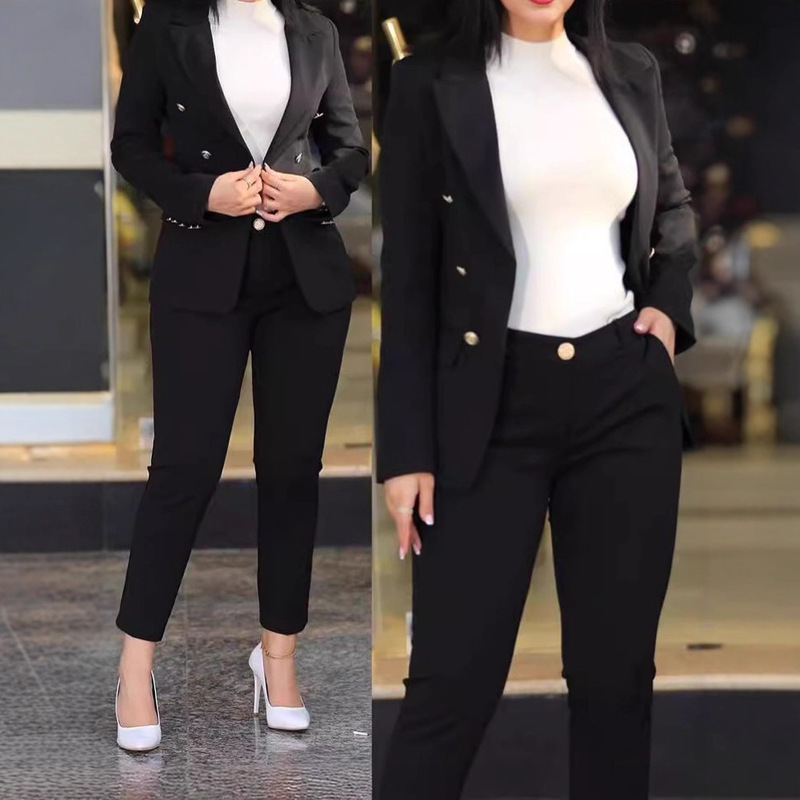 2026 Cross-Border Women's Fashion Solid Color Slim-Fit Casual Stylish Waist-Cinching Double-Breasted Two-Piece Suit Black European and American Style