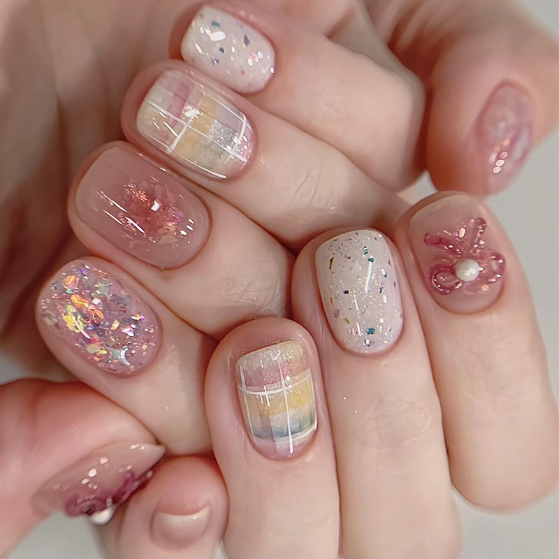 Instant Stage Whitening High-End Handmade Wearable Nails with Sequins and Sparkling Bows Atmosphere Ins Versatile Manicure Wholesale