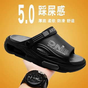 Black Warrior Slippers for Summer Outer Wear, Non-Slip, Thick-Soled Sandals, Large Size One-Word Driving Beach Sandals, Trbottomy