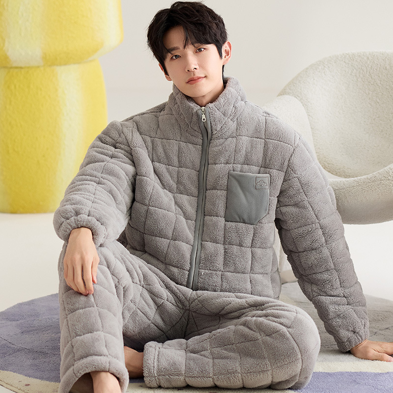 Flannel Three-Layer Cotton Anti-Static Pajamas Winter Three-Layer Thickeneded Velvet Cotton Jacket Men's Cute Style Home Wear Set