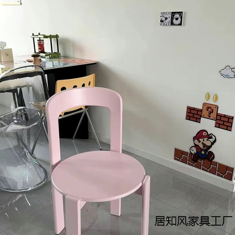 北欧简约实木中古餐椅家用咖啡客厅靠背彩色rey餐椅奶茶店椅子|undefined