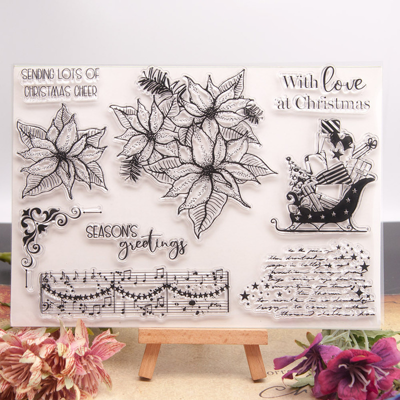 T2227 Christmas Poinsettia Flower Sleigh Gift Vintage Music Score Journal Card Decoration Transparent Stamp T2227 Christmas Poinsettia Flower Sleigh Gift Vintage Music Score Journal Card Decoration Transparent Stamp