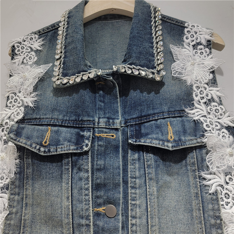 Europa y América de moda industria pesada diamantes tridimensionales chaqueta de vaquero de flores de lujo ligero chaleco sin mangas de alta calidad image 3