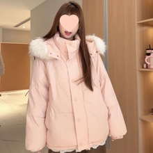 甜美毛领好看粉色棉服连帽外套冬季学院宽松简约新款加厚保暖面包