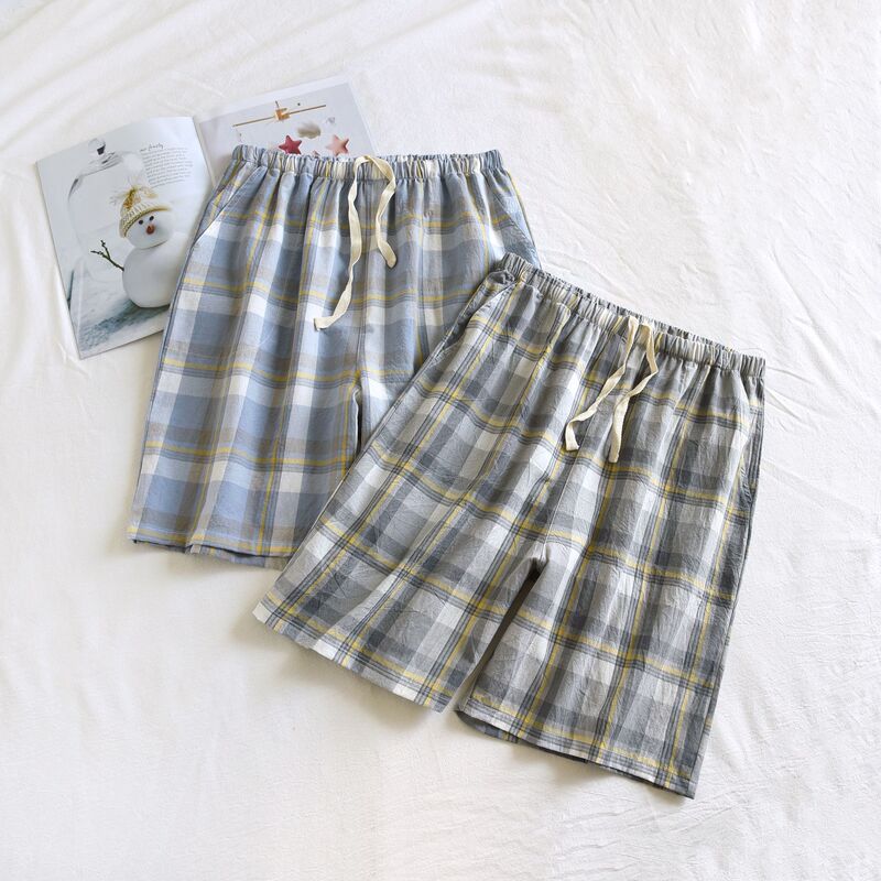 Japanese Style Summer Washed Cotton Plaid Men's Shorts Cotton Simple Spot Home Pants Thin Pajama Pants