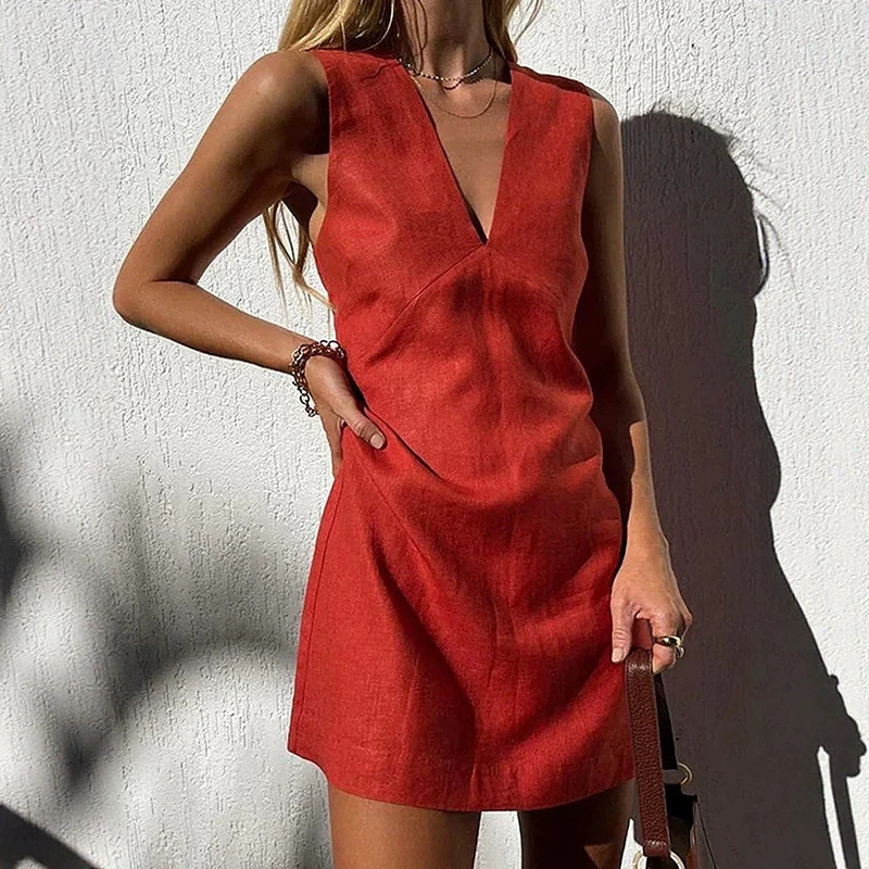2026 European and American style V-neck cotton-linen sleeveless dress for women, basic summer solid color slim-fit tank top short dress