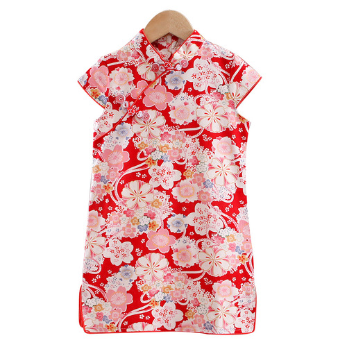 Qiangwei Girls 23 Summer Short Sleeve Cheongsam Dress Baby Chinese Style Performance Guzheng Dress Children's Skirt