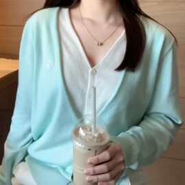 春季假两件薄荷绿针织开衫女款韩系v领外套长袖上衣