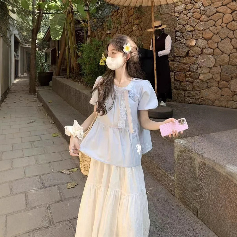 Bow Tie Puff Sleeve Shirt 2025 Summer New Sweet Age-Reducing Loose Baby Doll Shirt Elegant Top for Women Bow Tie Puff Sleeve Shirt 2025 Summer New Sweet Age-Reducing Loose Baby Doll Shirt Elegant Top for Women