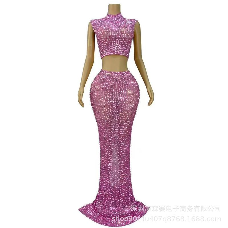 夏季新款晚礼服女长款钉钻修身显瘦舞会派对新娘结婚礼服连衣裙|undefined
