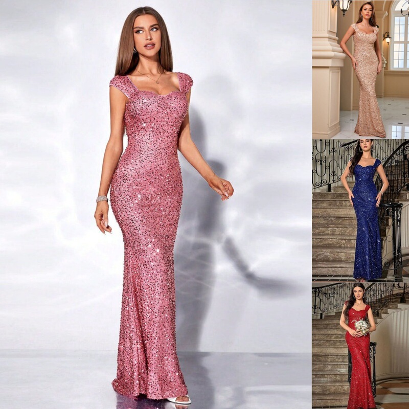 European and American Foreign Trade Cross-Border Ins Solid Color U-Neck Sequin Strap High-Waist Evening Gown Mermaid Dress Long Dress