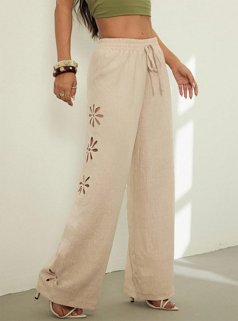 Women's Clothing Women's Casual Trousers Drawstring Hollow Out Solid Color Loose Wide Leg Pants Simple Style_ecoleips.com