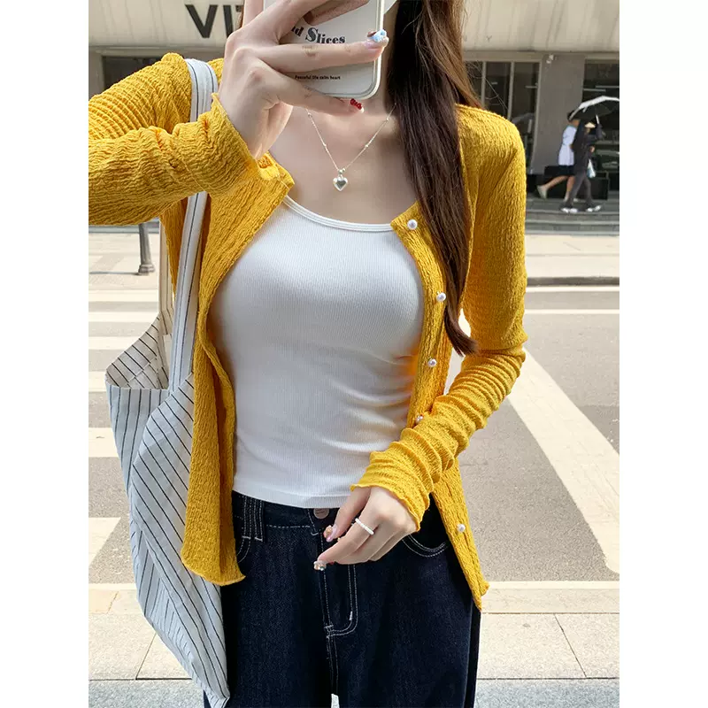 甜辣妹黄色圆领针织开衫女早秋薄款木耳边设计感气质外套绝美上衣