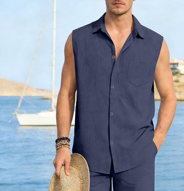 Chaleco de lino sin mangas para hombre estilo casual verano_voghion.com