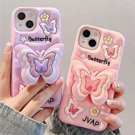 适用iphone16漂亮彩色硅胶可伸缩支架手机套3D紫色粉色蝴蝶手机壳