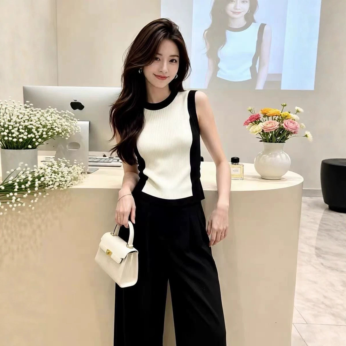 Áo hai dây nữ phối đen trắng tương phản, dáng ôm eo, phong cách Pháp — trắng chi tiết 3