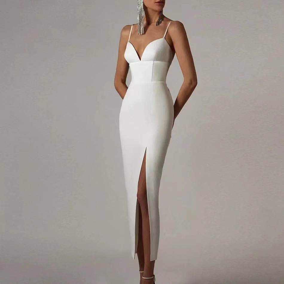 Amazon Comercio exterior satén vestido de noche traje formal simple sexy hendidura