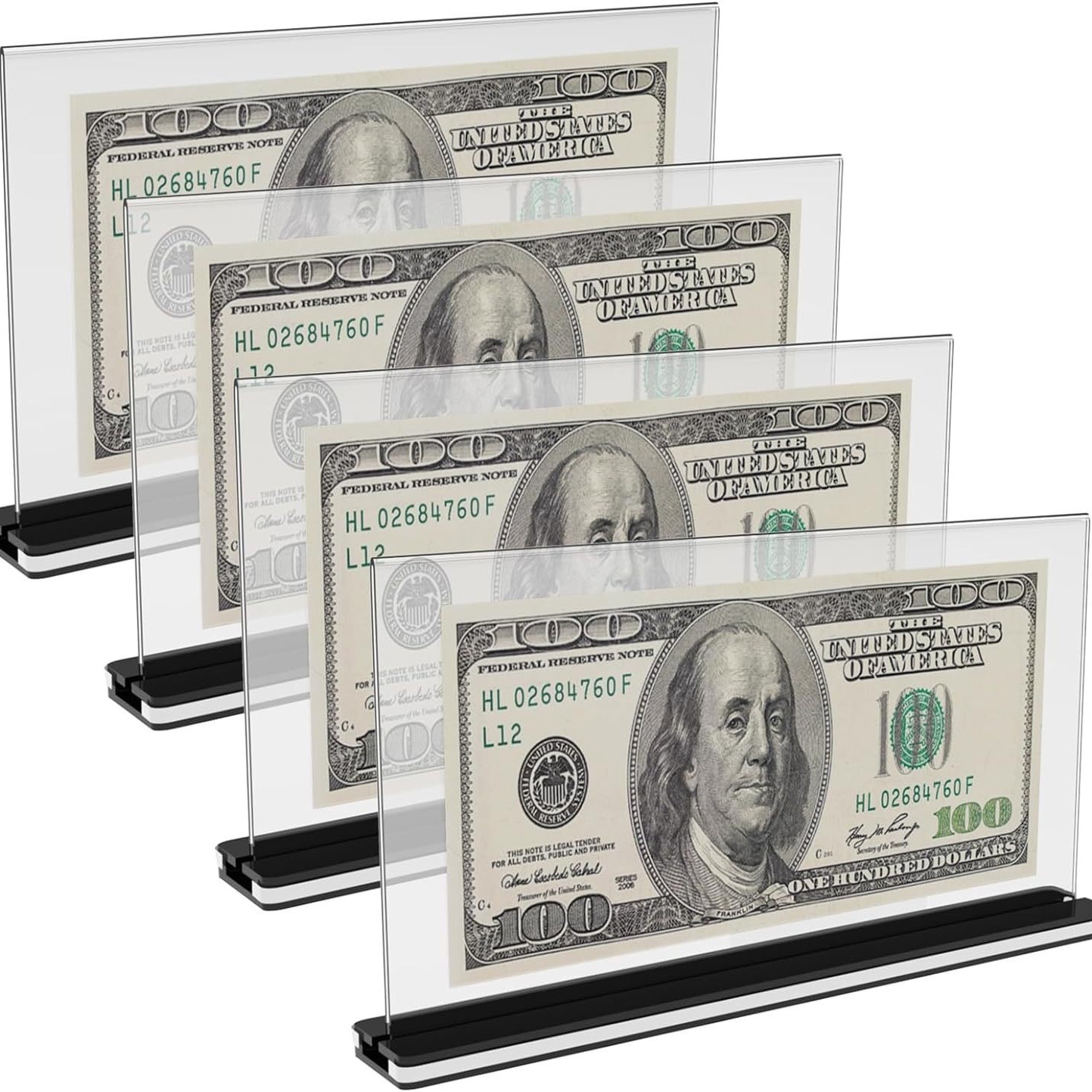 4 件美元钞票框美元钞票夹现金持有人亚克力展示盒*玻璃底座透明