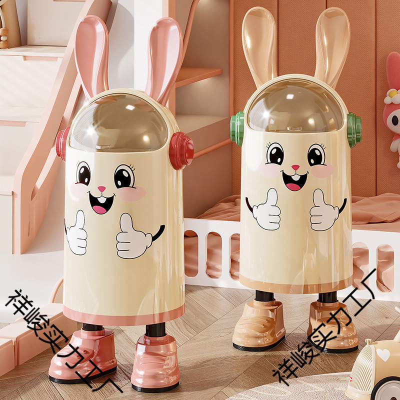 Creative Cartoon Trash Can with Flip Lid, High Aesthetic Rabbit Ears, Lid, Wheels, for Kitchen and Living Room, Trendy Large Double Bin