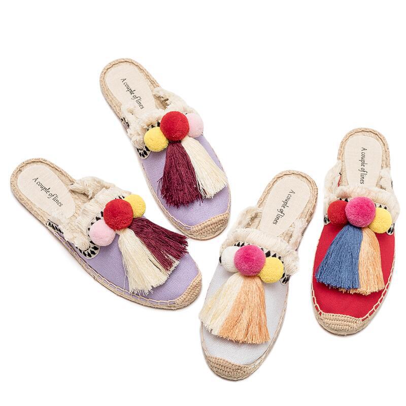 Sandals and Slippers Women's Outer Wear New Style Pom Tassel Straw Slippers Casual Lazy Fur Ball Linen Flat Slippers