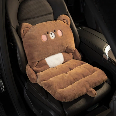 Car cushion waist support integrated waist support backrest winter cute cartoon plush car seat warm heightening cushion (Wool pad) - bear