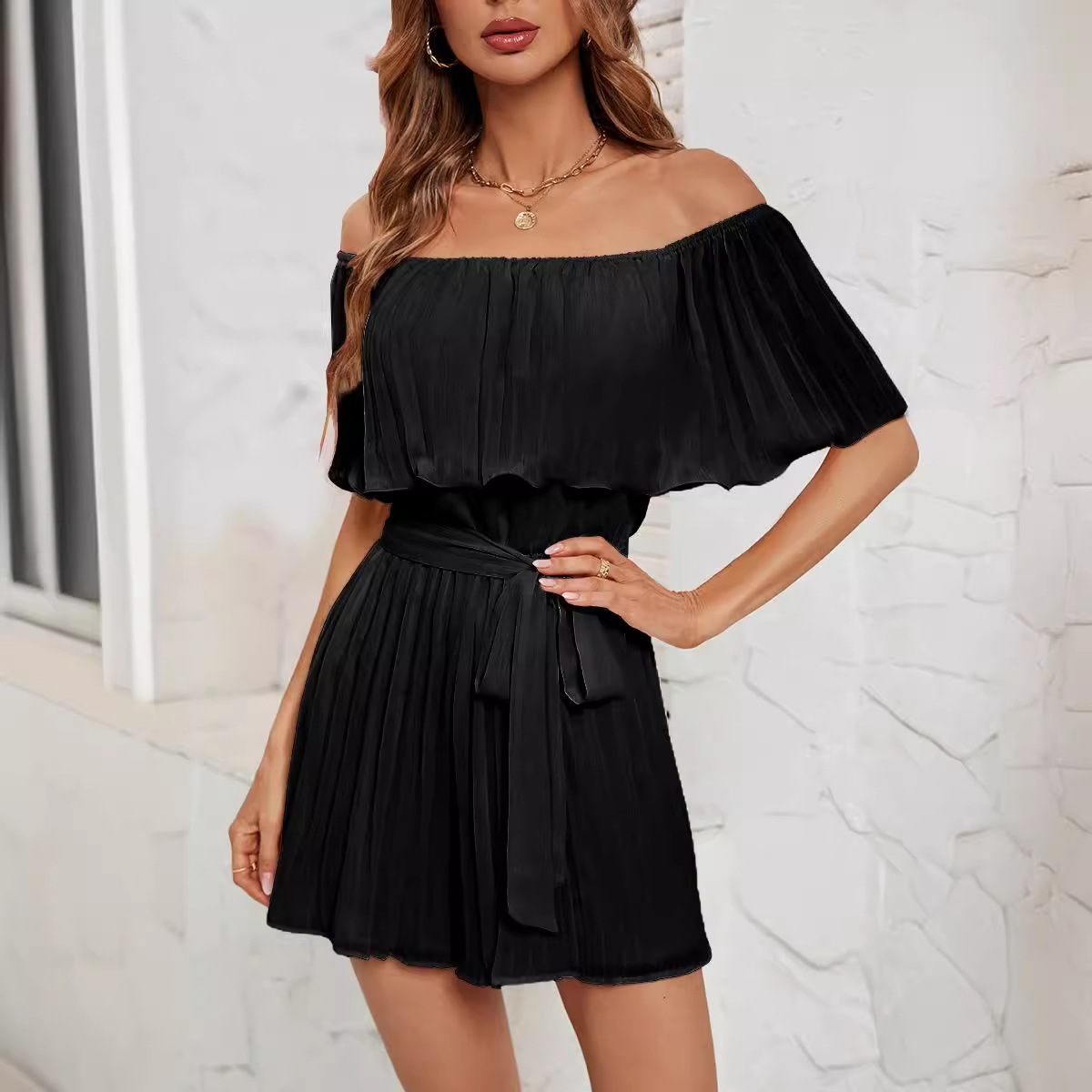 Amazon transfronterizo de comercio exterior ropa de mujer estación europea verano nuevo fuera del cuello sexy plisado mono de media manga para mujeres