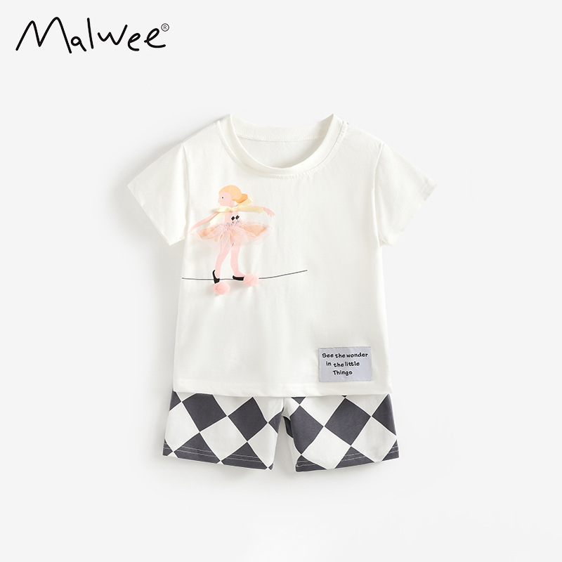 Trajes de niñas malwee transfronterizos de verano nuevos niños europeos y estadounidenses de estilo extranjero camisetas de cuello redondo de dos piezas