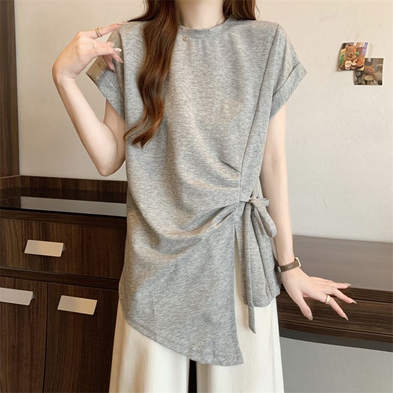 2025 New Summer Style Loose Mid-Length Design Lace-Up Irregular Round Neck Short-Sleeved T-Shirt